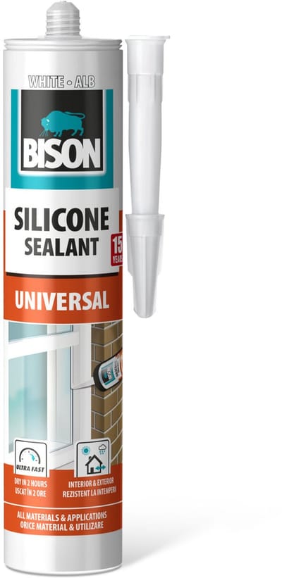 BISON Universele Siliconenkit Wit 280 ml - Siliconenkit Voor Ramen, Deuren en Kozijnen - Waterdichte Siliconenkit - UV-Bestendig - Binnen en Buiten - Cartridge [B03395]