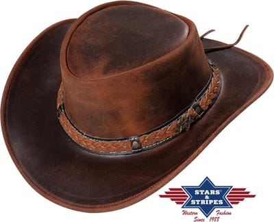 Western Lederen Hoed Stars & Stripes BUTCH roestbruin - Maat L