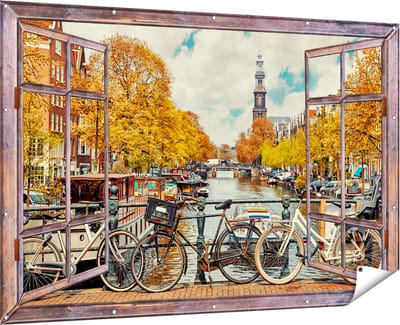 Gards Tuinposter Doorkijk Amsterdamse Brug bij een Brug met Fietsen - 180x120 cm - Tuindoek - Tuindecoratie - Wanddecoratie buiten - Tuinschilderij