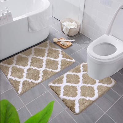 Famanu – Antislip badmatset - 2 - delig - zacht - hoogpolig - badkamer - wc - tapijtset - microvezel - beige