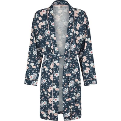 By Louise Dames Kimono Ochtendjas Donkerblauw Gebloemd - Maat S