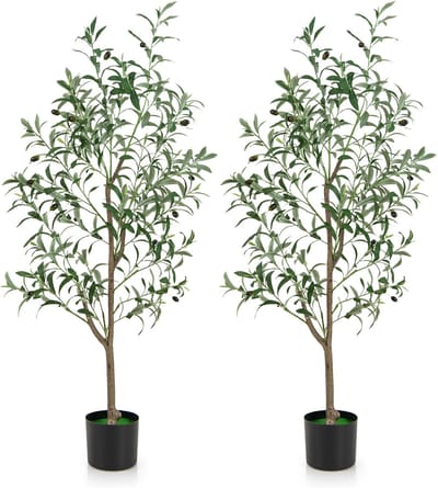 COSTWAY Set van 2 kunstolijfboom, kunstplant 130 cm, kamerplant met cementpot, natuurlijke bladeren en vruchten, kunstboom voor tuin, kantoor, thuis, kunstplanten, groen (2 stuks)