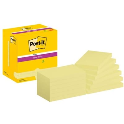 Post-It® Sticky Notes Super Sticky Notes, geel, 76 x 127 mm, 90 vellen/blok, 12 pads, in kartonnen verpakking