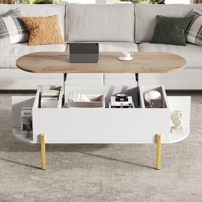 KOMHTOM - Salontafel - 120x50x43 cm - In hoogte verstelbaar blad - Verborgen opbergruimte - 7 opbergvakken - Hout + wit