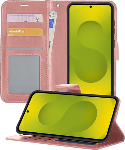 Hoesje - Met Pasjeshouder - Geschikt voor Samsung Galaxy S25 - Luxe Bookcase Portemonee - Flip Case - Kunstleer Book Case - Flipcase - Book Cover - Walletcase - Portemonneehoes - Telefoonhoesjes - Rosé goud