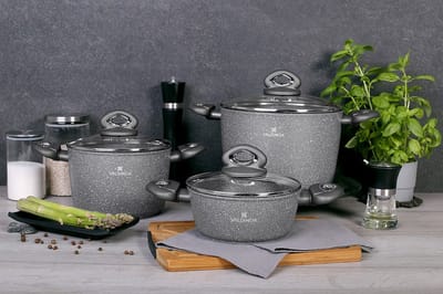 Valdinox Rock 6 delige exclusieve pannenset met een hoogwaardige coating - gehard glazen deksels - Grijs - professionele kwaliteit - kookpannenset