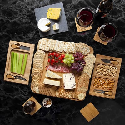 Borrelplank Bamboe - Kaasplank Met 4 Messen - Tapasplank Uitschuifbaar - Serveerplank Hout - Kaasplank Met Kaasmesjes - dienblad - Keramische Plaat