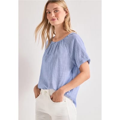 Chambray blouse met ronde hals en uitsnede