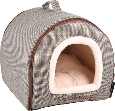 Kattenbed – katten slaapmand – kattenhuis – kattenhol – Cat cave – Bruin/Crème, 45 x 35 x 35 cm – Flamingo Slaapplaats Snoozebay