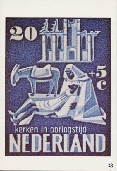 Briefkaart met afbeelding kerken in oorlogstijd postzegel