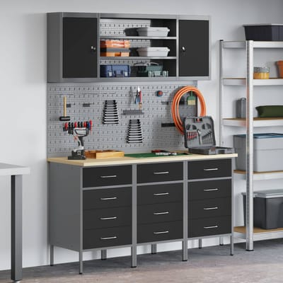 vidaXL - Werk - Cabinet - met - lade - 7 - st - Zwart - Engineered - hout - en - staal