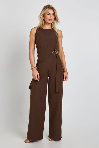 boohoo Dames Jumpsuit Met Wikkelceintuur Gouden Details En Wijde Pijpen | Espresso | Maat: 44