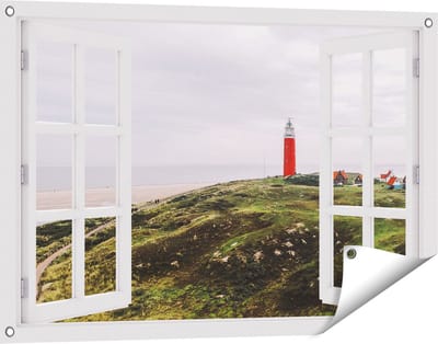 Gards Tuinposter Doorkijk Vuurtoren Texel - 90x60 cm - Tuindoek - Tuindecoratie - Wanddecoratie buiten - Tuinschilderij