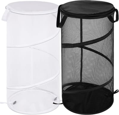 2 stuks - Wasmand - Vouwbare Wasmand - Opbergmand - Waszak - Opvouwbare Wasmand - Mand - Wassorteerder - Kledingmand - Reiswaszak - met handgrepen - Inclusief opbergtas - voor wasruimtes, badkamers, studentenkamers, op reis - 32*32*60 cm - zwart, wit
