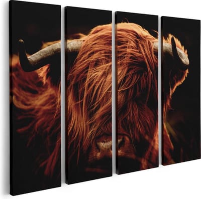 Artaza Canvas Schilderij Vierluik Schotse Hooglander Koeienkop - Kleur - 80x60 - Foto Op Canvas - Canvas Print
