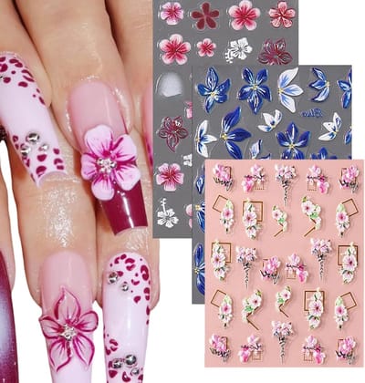 3 Vel Nail Stickers met 5D Jelly Bloemen, Kleurige Bloemen Nail Art Stickers voor Mooi Nagelontwerp en Accessoires