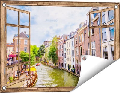 Gards Tuinposter Doorkijk Huizen aan de Oudegracht in Utrecht - 60x40 cm - Tuindoek - Tuindecoratie - Wanddecoratie buiten - Tuinschilderij