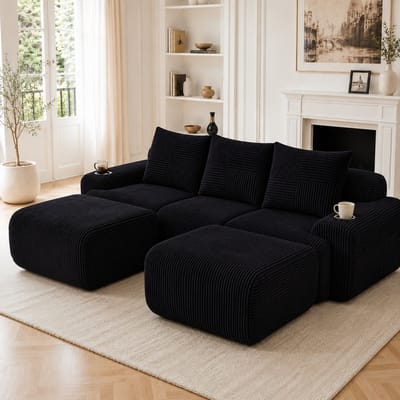 Modulaire Hoekbank Zwart Corduroy – 3-Zits Lounge Bank met 2 Hockers, U-Vorm & L-Vorm Bank, Bekerhouder en Opbergtas – Moderne Bank voor Woonkamer