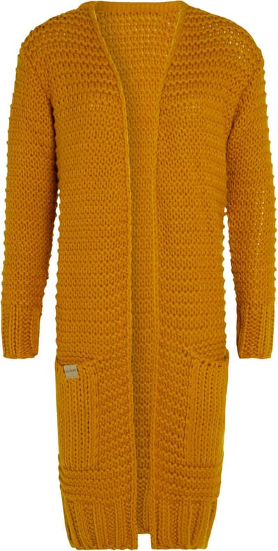 Knit Factory Alex Lang Gebreid Dames Vest - Grof gebreid geel damesvest - Cardigan voor de herfst en winter - Lang vest tot over de knie - Oker - 40/42