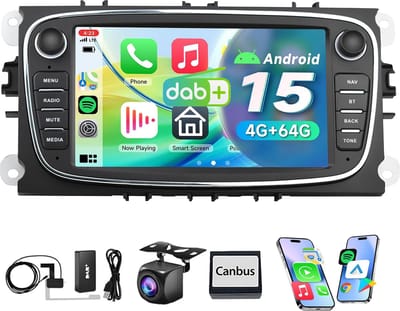 ESSGOO Autoradio Geschikt voor Ford Focus, S-Max, Mondeo, Galaxy, C-Max & Kuga - Android 15 - 4+64GB - 7 Inch HD Touchscreen - Apple Carplay & Android Auto - DAB, Bluetooth, USB, Wifi & GPS - Achteruitrijcamera