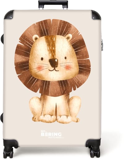 NoBoringSuitcases.com® - Koffer groot - Reiskoffer lichtgewicht - Leeuw illustratie met beige achtergrond - Rolkoffer met 4 wielen - Grote trolley XL - 98 liter bagage