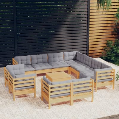vidaXL - 12-delige - Loungeset - met - grijze - kussens - massief - grenenhout