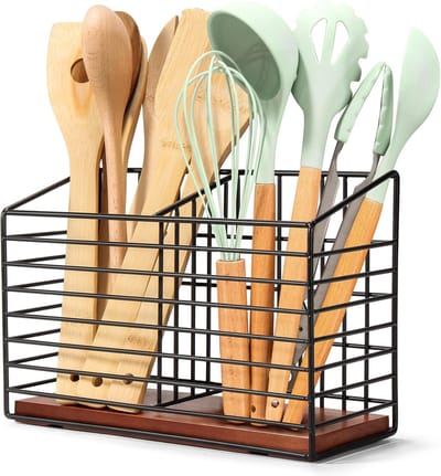 Famanu - Keukenorganizer voor Aanrecht Zwart, metalen keukengerei houder met houten voet, moderne boerderij gebruiksvoorwerp caddy