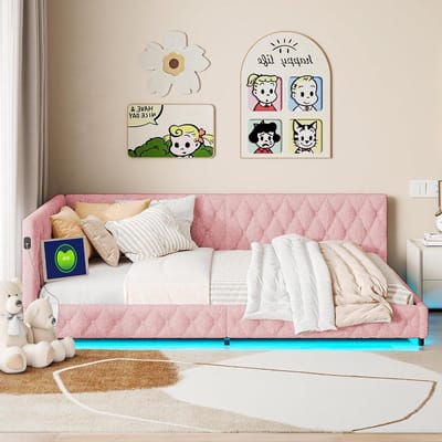 Bedbank - Bankbed - Ontspannen Zitten - L-vorm met LED - 140x200cm - Roze