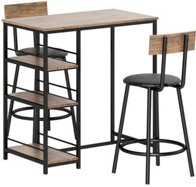 Bareettafel met Barkrukken Set - 3-delige Eettafel Set met Keukentafel, 3 Planken, 2 Barstoelen - Modern Design - Eettafel voor Eetkamer, Keuken - Staal, Eiken