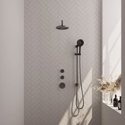 Brauer Gunmetal Carving thermostatische inbouw regendouche SET 21 met 20 cm douchekop en gebogen muurarm en 3-standen handdouche en doucheslang en geïntegreerde glijstang gunmetal geborsteld PVD