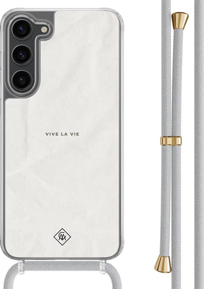 Casimoda® hoesje met grijs koord - Geschikt voor Samsung S23 Plus - Vive La Vie - Afneembaar koord - TPU/polycarbonaat - Grijs