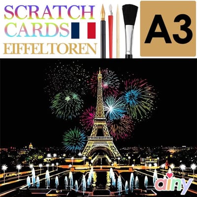 Ainy - Scratch Art Eiffeltoren (A3) | DIY kras tekeningen incl. gereedschappen | Schilderen op kleuren kunst kraskaart | hobby & creatief voor volwassenen en kinderen ( meisjes ) | Knutselen - ontspanningspakket | Schilderijen set nummer 11
