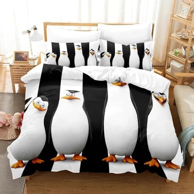 Cartoon Madagascar Pinguïn Beddengoed Set Jongens Meisjes Twin Queen Size Dekbedovertrek Kussensloop Bed Kinderen Volwassenen Hometextiel EU Single 135x200cm