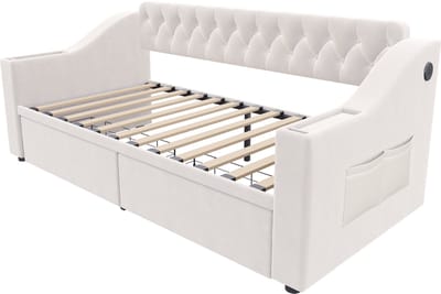COVREO Slaapbank met lades – 90x190 cm – Bed met USB en opbergruimte – Eenpersoons voor slaapkamer – Beige - zonder matras