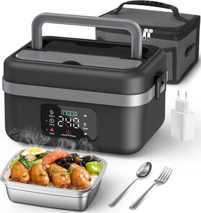 1L Draadloze Elektrische Lunchbox - Batterijgevoede Verwarmde Lunchbox - Oplaadbare Voedselwarmers - Slim LED-Scherm/Instelbare Temperatuur