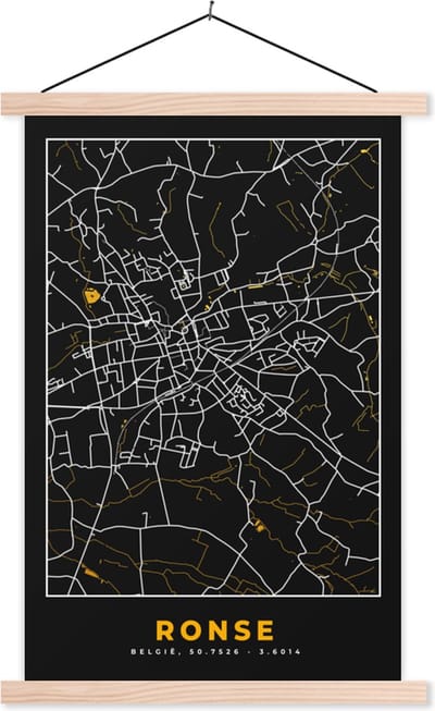 Posterhanger incl. Poster 40x60 cm - Schoolplaat - Ronse - Kaart - Plattegrond - Goud - Stadskaart - Textielposter - Blanke latten - Stadskaart