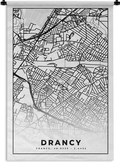 Wandkleed - Wanddoek - Kaart - Plattegrond - Drancy - Frankrijk - Stadskaart - Zwart wit - 120x180 cm - Wandtapijt