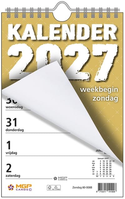 MGPcards - Weekblok met Wire-O binding 2027 - Week begint op zondag - 13,5 x 20,5 cm - Oker