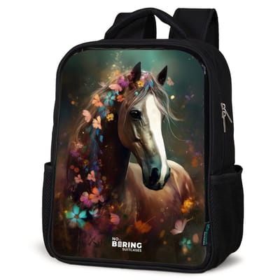NoBoringSuitcases.com® - Rugzak zwart - Schooltas jongen & meisje - Paard - Bruin - Bloemen - Kleurrijk - Rugtas voor school - Boekentas kind - Schoolrugzak - Kinderrugzak
