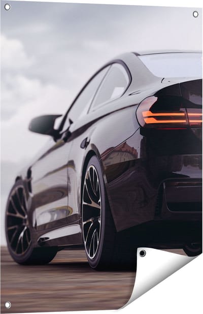 Gards Tuinposter Zwarte Sportwagen Auto van Achter - 60x80 cm - Tuindoek - Tuindecoratie - Wanddecoratie buiten - Tuinschilderij