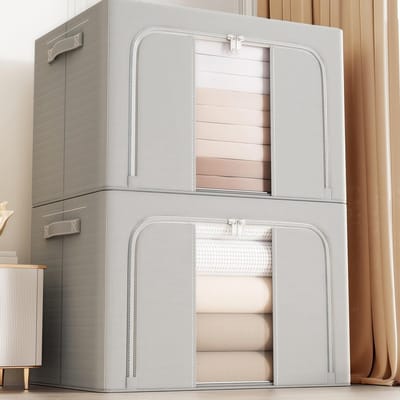 Dailygoods - Opvouwbare 100L grote opbergdozen (set van 2), stalen frame met Oxford-stof, waterbestendig, dubbele toegang met ritssluiting en doorzichtig venster, capaciteit voor kleding, beddengoed en