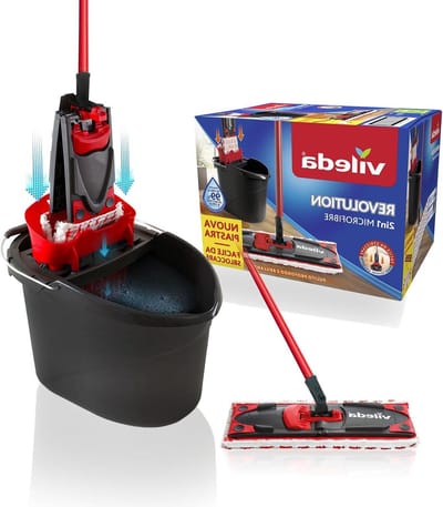 Revolution Box vloerwassysteem met emmer - microvezeldoeken - voor alle vloertypes - handvat - zwart/rood - 40 x 283 x 285 cm - 3 stuks mop and bucket set