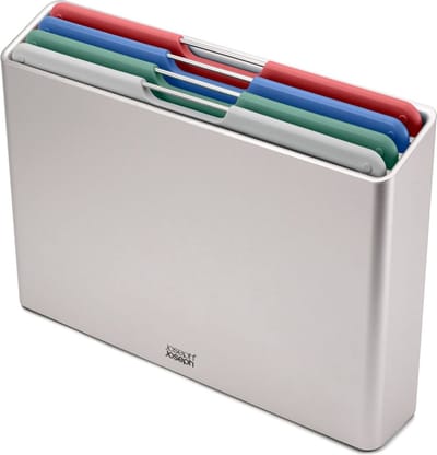 Joseph Joseph Folio™ Snijplankenset 4-delig – Large – Zilver – Kleurgecodeerd – Met Opbergstand – RVS Handgrepen