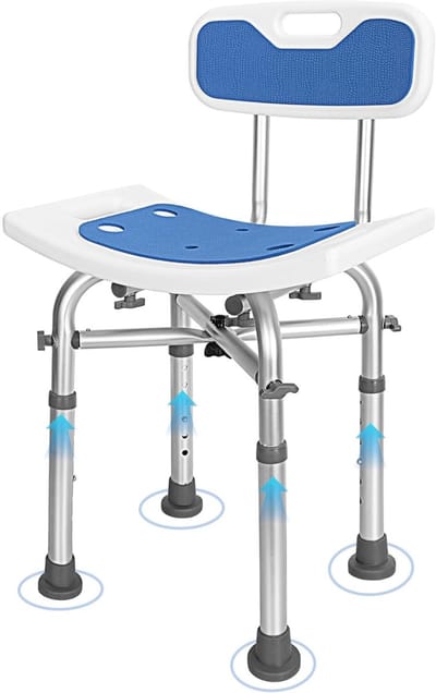 Verstelbare douchestoel met rugleuning, 6 hoogtestanden van 65-77 cm, anti-slip voeten voor ouderen, maximaal draagvermogen 136 kg