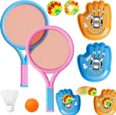 Federbal badmintonset 3-in-1 met dinosaurus en eenhoorn, inclusief 6 verschillende ballen voor outdoor en indoor sportplezier