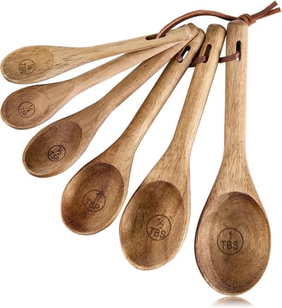 Famanu - Houten maatlepels set 6-delig acacia, 1/8 tl tot 1 el, natuurlijke maatlepels voor droge ingrediënten, kruiden en bakken
