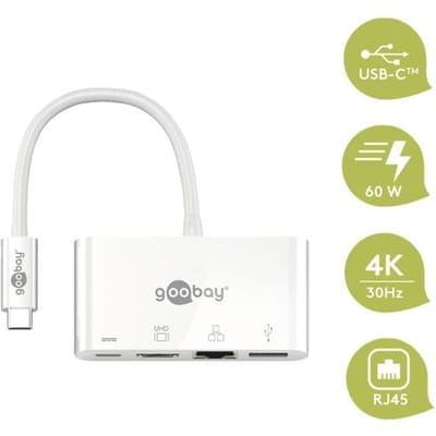 USB-C naar HDMI, USB-A, USB-C PD en RJ45 adapter met DP Alt Mode (4K 30 Hz) / wit - 0,15 meter