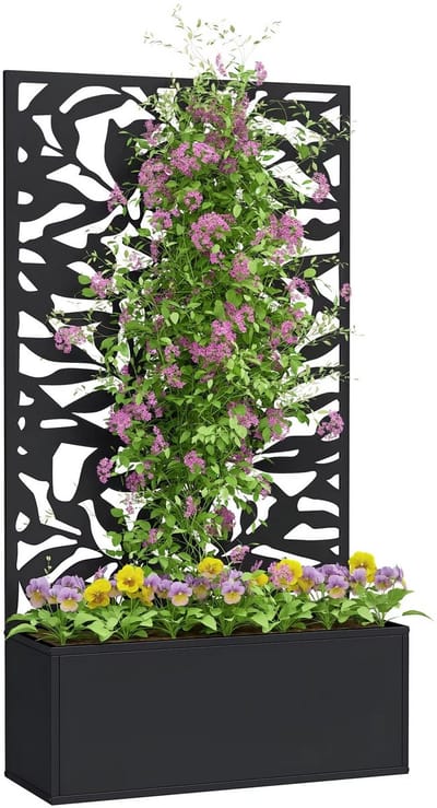 JOYNEXTBUY - Metalen Plantenbak - Privacyscherm – Buiten Plantenbak – Vrijstaand of Wandmontage – Decoratief Bladpatroon – Zwart