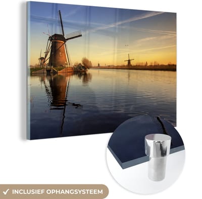 ® Glasschilderij 180x120 cm - Schilderij acrylglas - Molen - Water - Horizon - Foto op glas - Muurdecoratie woonkamer - Wanddecoratie slaapkamer - Schilderijen