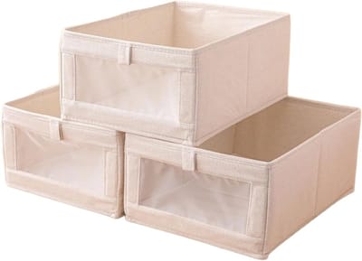 KZQ Kledingkast opbergdozen - opbergdozen met kijkvenster - kledingkast- en kledingopbergdozen - opvouwbare linnen opbergdozen - opbergzakken voor broeken en truien - opbergdozen - opbergdozen voor slaapkamerkleding (3-pack, 41cm*28*17cm)